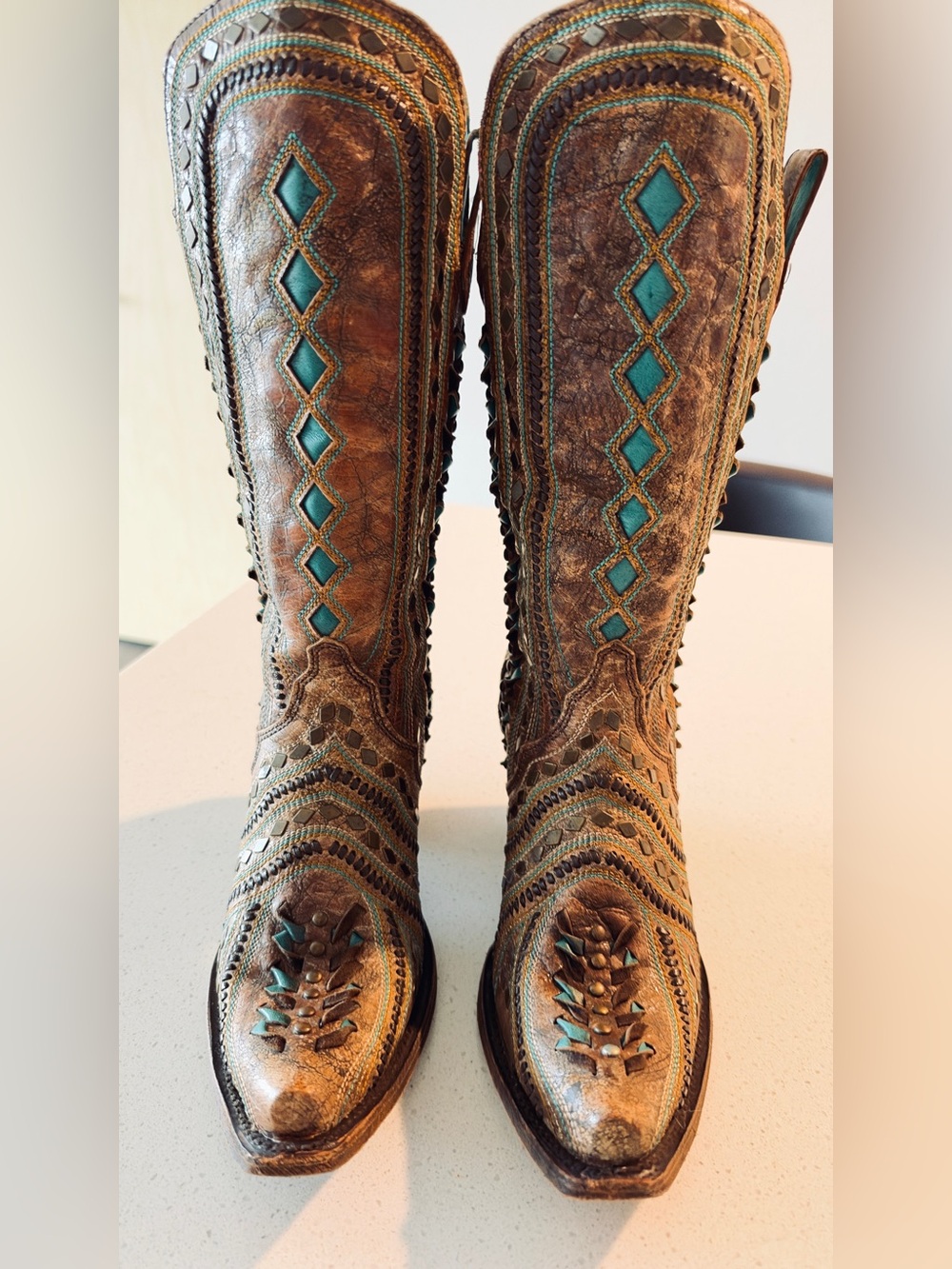 Corral distressed Brown Leather Western Knee-High Boots with Turquoise Accents